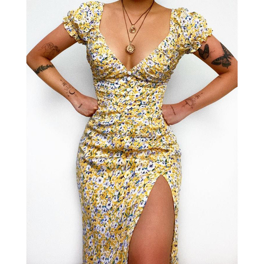 Damen Elegantes Maxikleid mit herzförmigem Ausschnitt und floralen Details EB