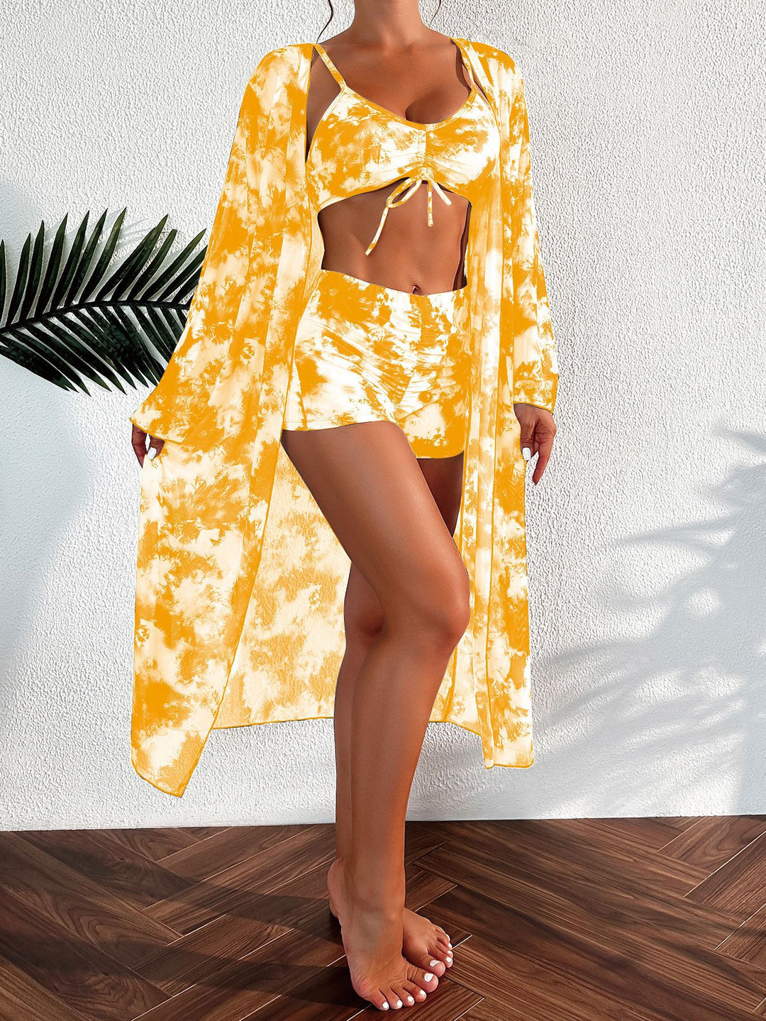 Damen Bikini-Set mit kurzem Höschen und transparentem Strandkimono EB