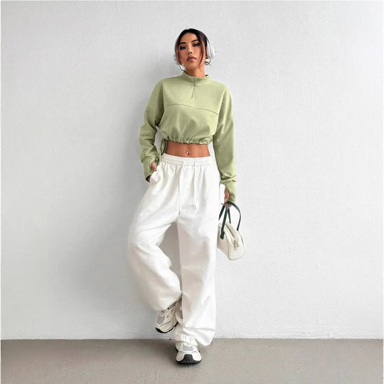 EB | Crop Pullover Baumwollmischung Bequeme Passform Reißverschlusskragen Ballonärmel