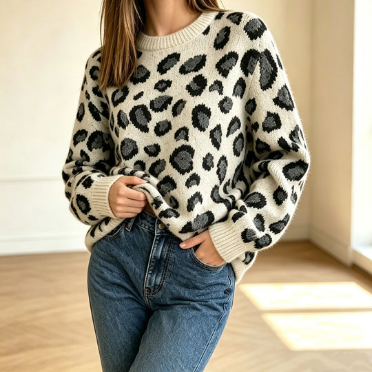 Damen Kuscheliger Rundhalspullover im Leo-Jacquard mit entspanntem Oversize-Schnitt EB
