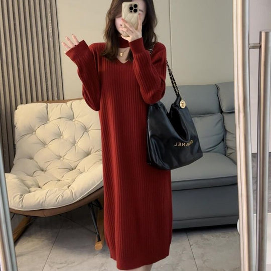 Damen Strickkleid mit V-Ausschnitt und Rippstruktur EB
