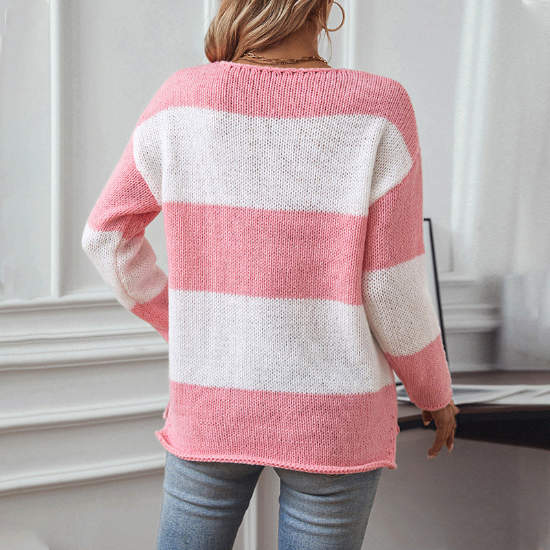 Damen lässiger V-Ausschnitt Strickpullover mit großzügigem Streifenmuster EB