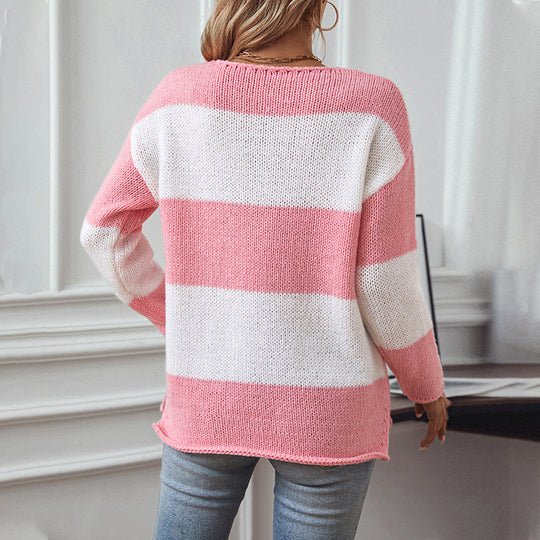 Damen lässiger V-Ausschnitt Strickpullover mit großzügigem Streifenmuster EB