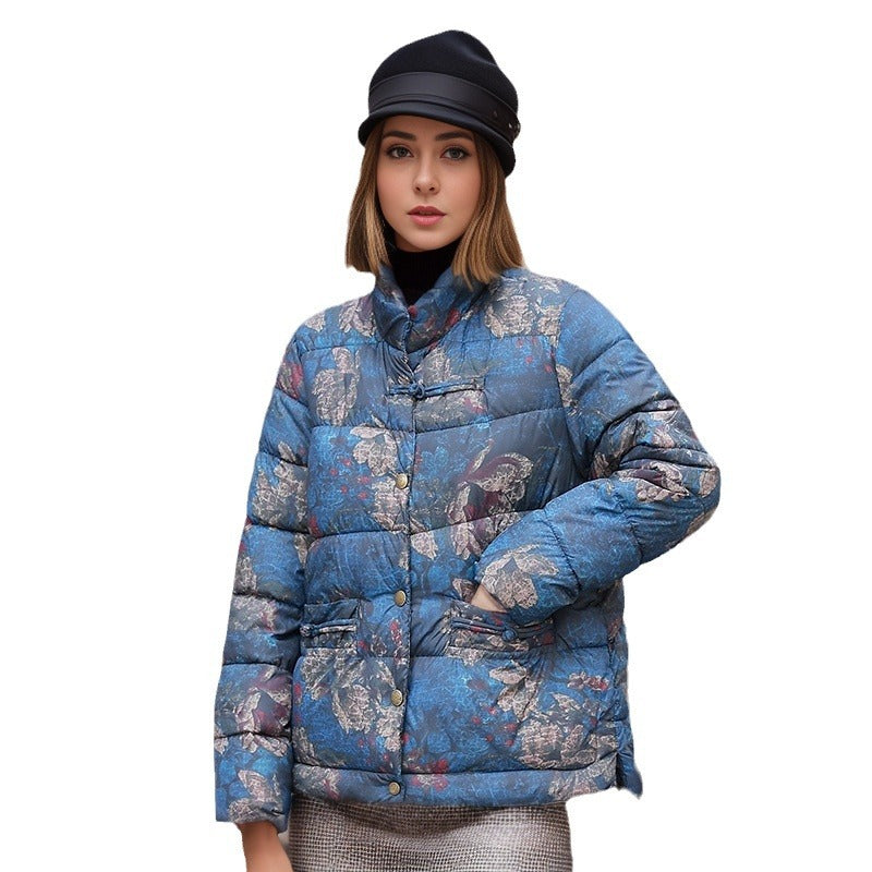 Damen gesteppte Winterjacke mit buntem Kunstdesign und praktischen Taschen EB