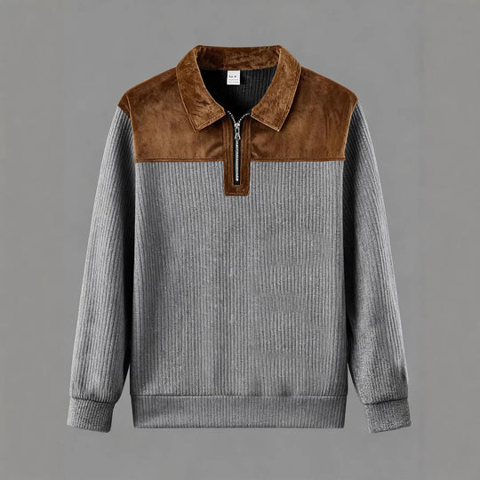 Unisex nan feinstrukturierter Strickpullover mit halbem Reißverschlusskragen und Samtbesatz EB