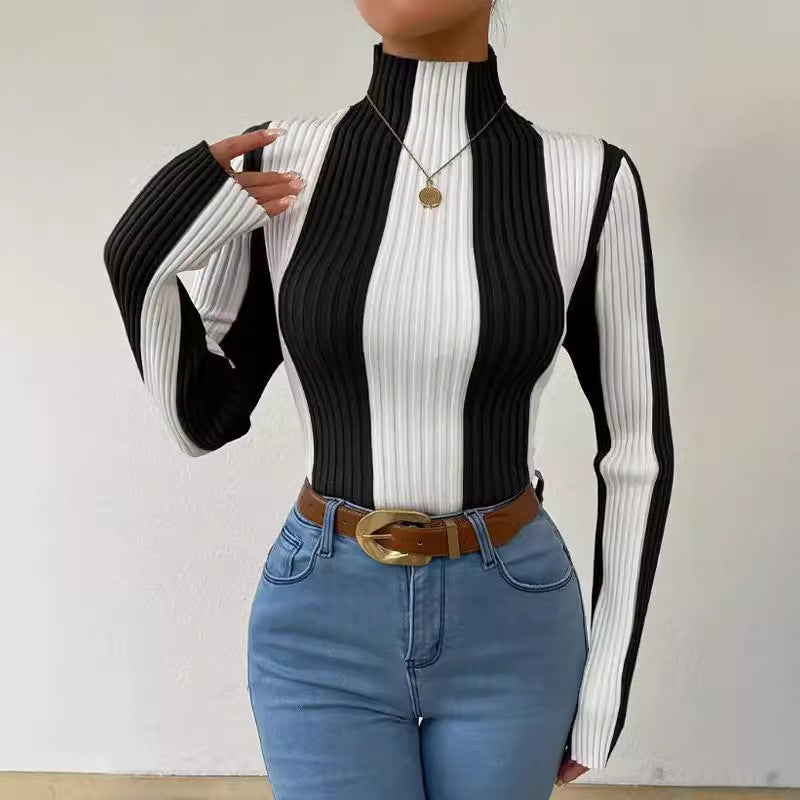 Damen Langarmshirt mit strukturiertem Rippmuster und hohem Kragen EB