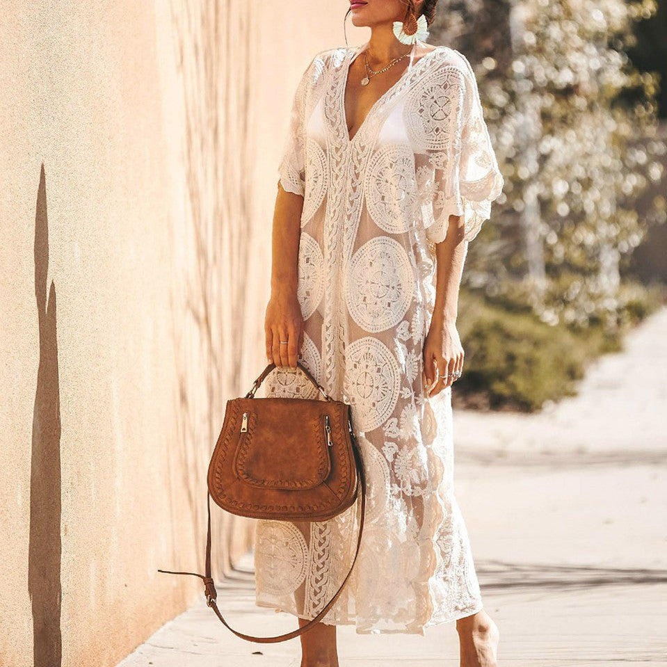 Damen Elegantes Häkel-Strandüberwurfkleid mit voluminösen Ärmeln und V-Ausschnitt EB