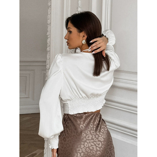 Damen Elegante V-Ausschnitt Gedrehte Bluse mit Rüschennähten EB