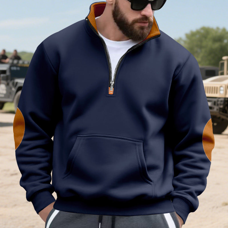 Herren nan isolierter Halbzip-Pullover mit Stehkragen Fleece-Innenfutter Kängurutasche und Wildleder-Ellenbogenpatches EB