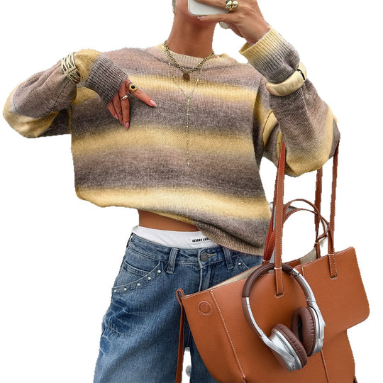 Damen nan Oversized-Feinstrickpullover mit Ombre-Verlauf, Rundhalsausschnitt und überschnittener Schulter EB