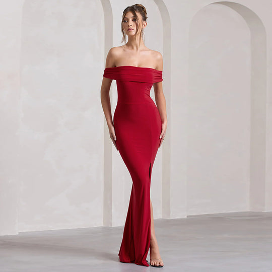 Damen Maxi-Kleid mit schulterfreiem Design und elegantem Schlitz EB