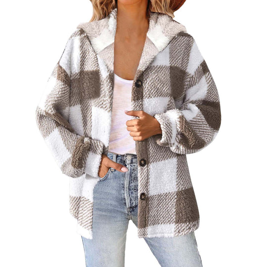 Damen nan kuschelige karierte Teddyjacke mit Kapuze, Knopfverschluss und oversized Schnitt EB