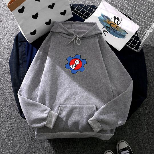 Damen nan oversized Fleece-Kapuzenpullover mit weicher Innenseite, Kängurutasche und appliziertem Zahnrad-Comic-Motiv EB