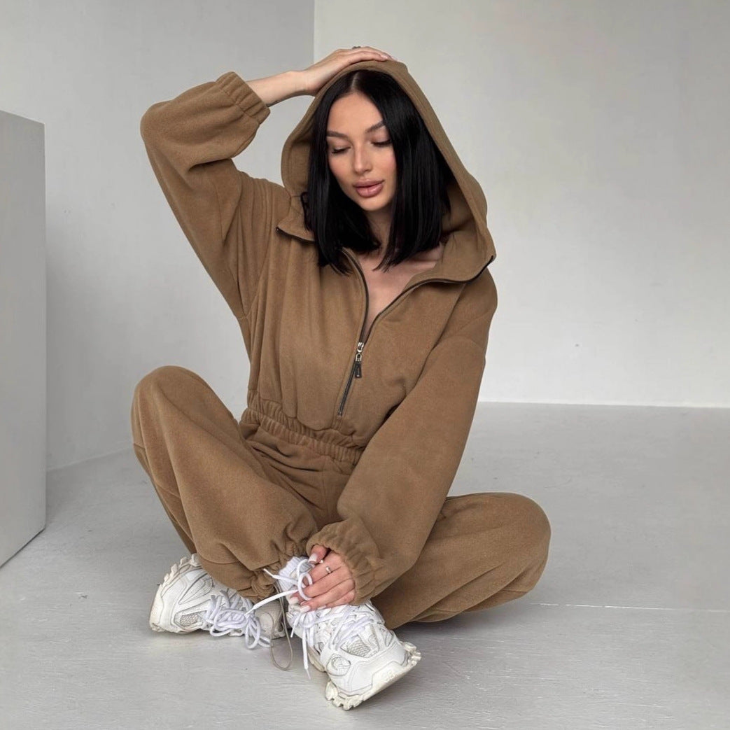 Damen Fleece Jogginganzug mit kurzem Reißverschluss EB