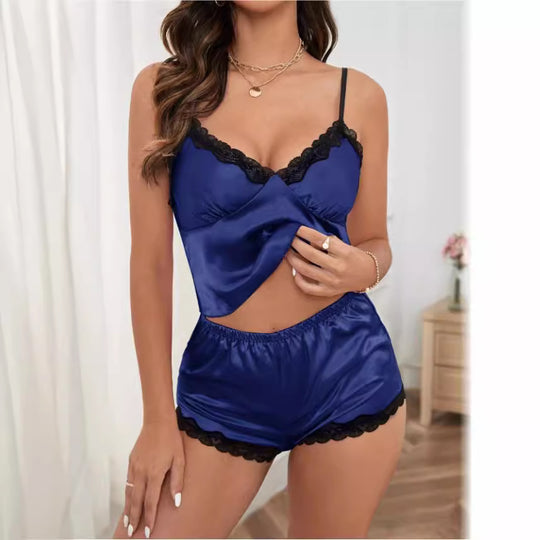 Damen Satin Schlafanzug-Set mit Spitze EB