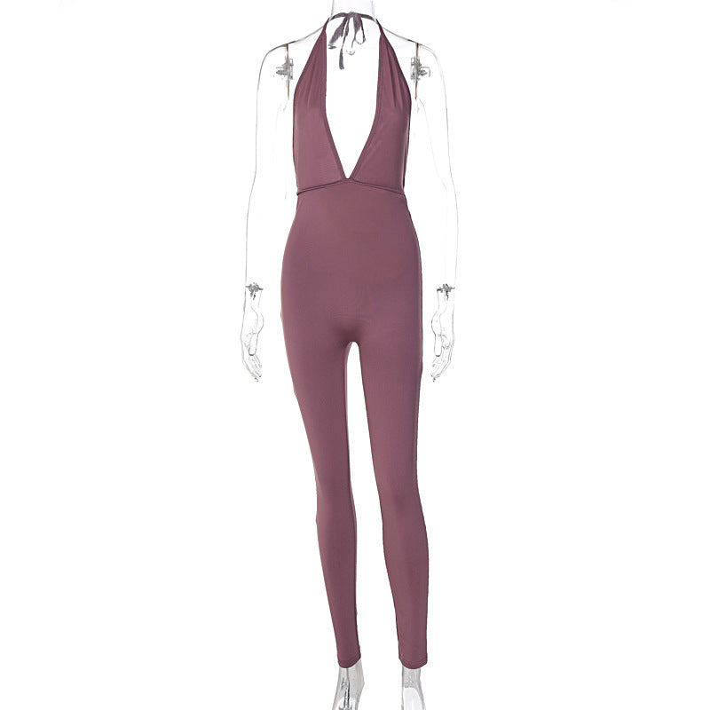 Damen eleganter Jersey-Einteiler mit tiefem Ausschnitt und Bindebändern EB
