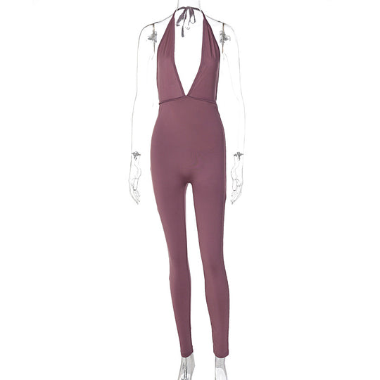 Damen eleganter Jersey-Einteiler mit tiefem Ausschnitt und Bindebändern EB