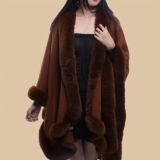 Damen Kunstfell-Cape mit voluminösem Kapuzenkragen und eleganter Felloptik EB