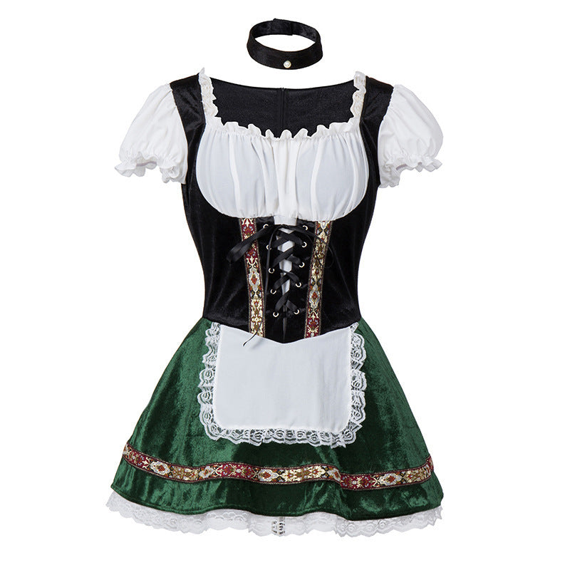 Damen nan kurzes Trachtenkleid im Dirndlstil mit Schnürung, schulterfreiem Carmen-Ausschnitt und Zierschürze EB