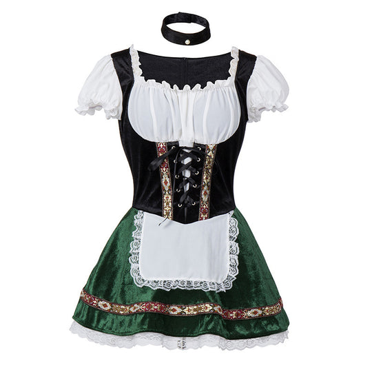 Damen nan kurzes Trachtenkleid im Dirndlstil mit Schnürung, schulterfreiem Carmen-Ausschnitt und Zierschürze EB