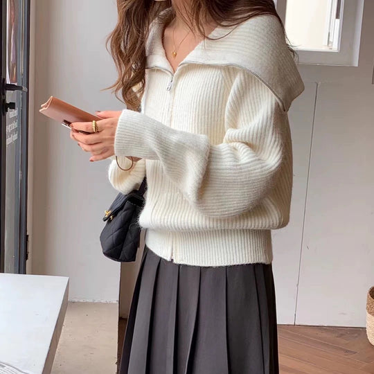 Damen Modischer Oversized-Pullover mit Kragen und Reißverschluss EB