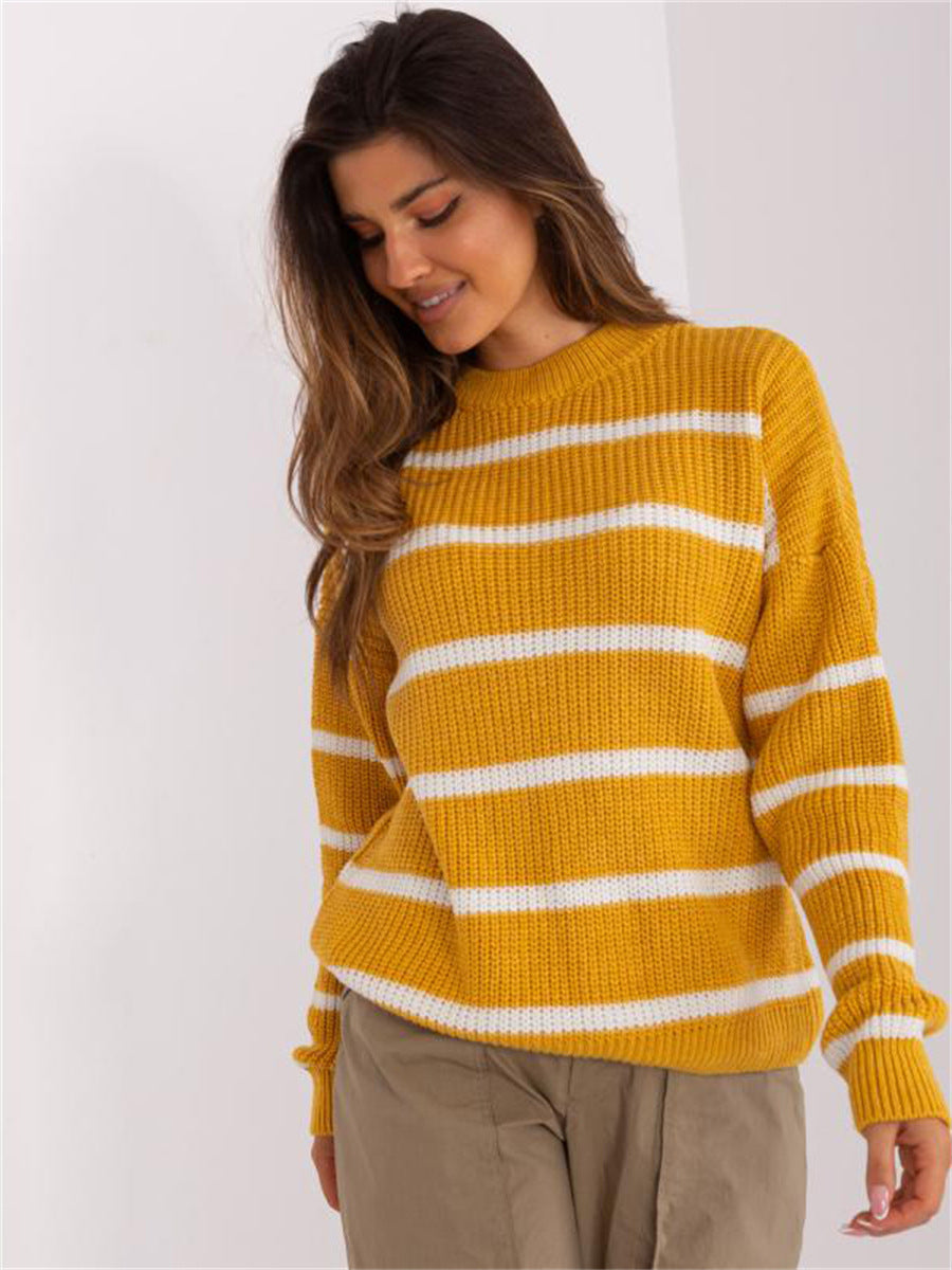 Damen lässiger Strickpullover mit modernem Streifenmuster und weitem Schnitt EB