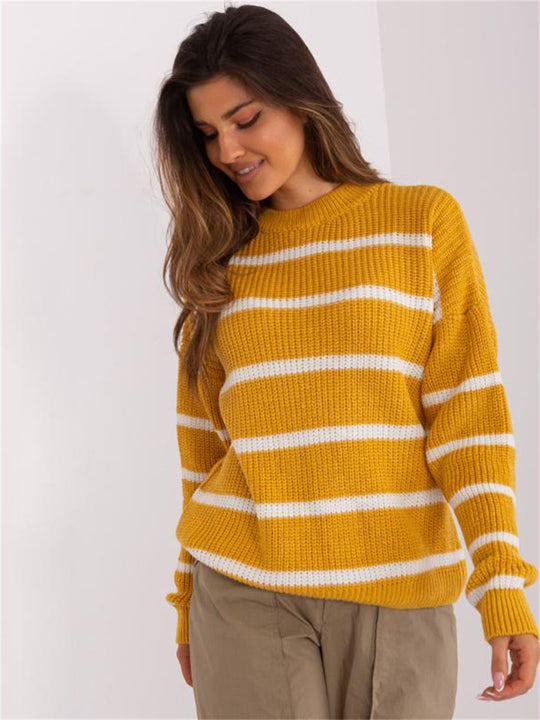 Damen lässiger Strickpullover mit modernem Streifenmuster und weitem Schnitt EB
