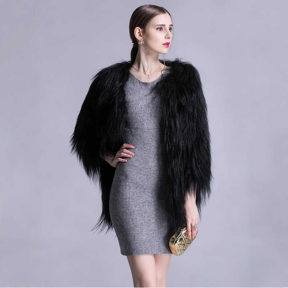 Damen Elegante Kunstpelz-Cape mit weit offenem Schnitt EB