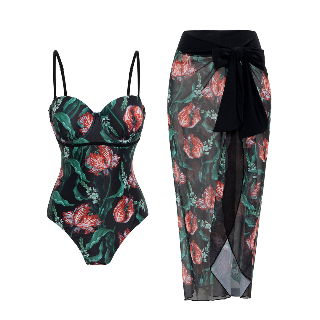 Damen Bademode mit floralem Muster und transparenter Sarong-Hülle EB