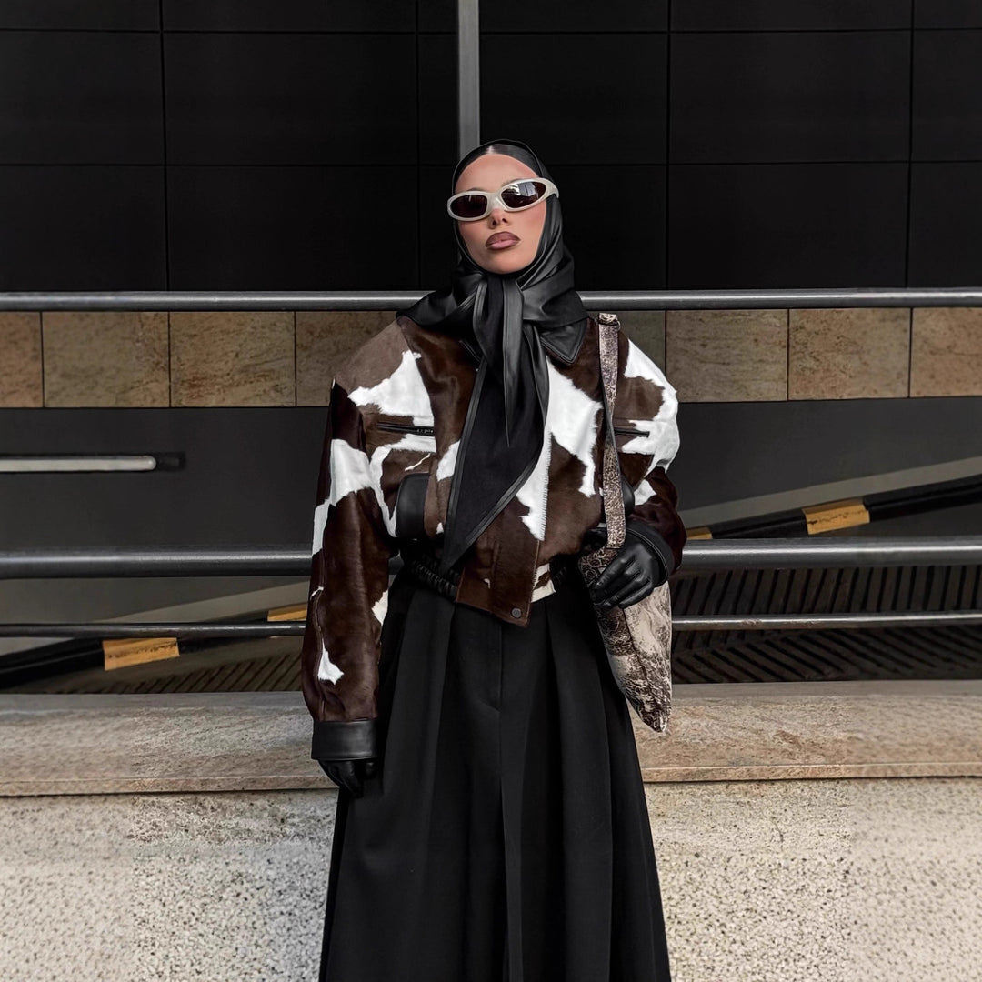 Damen modische Kurzjacke im auffälligen Kuhfell-Look mit akzenten EB