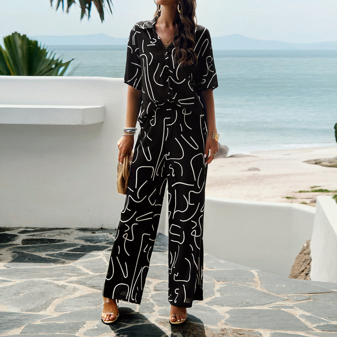 Damen Lässiges Zweiteiliges Set mit weitem Hosen-Design und elegantem Oberteil EB