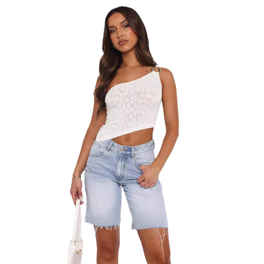 Damen asymmetrisches Spitzenoberteil mit funkelndem Ringdetail EB