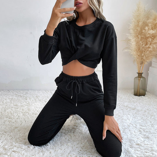 Damen Lässiger zweiteiliger Jogginganzug mit cropped Oberteil und flexibler Taille EB