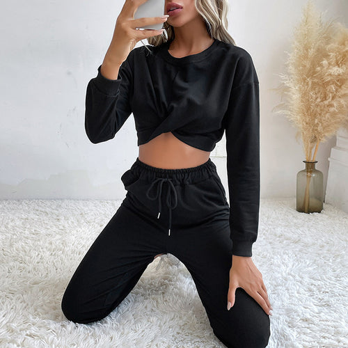 Damen Lässiger zweiteiliger Jogginganzug mit cropped Oberteil und flexibler Taille EB