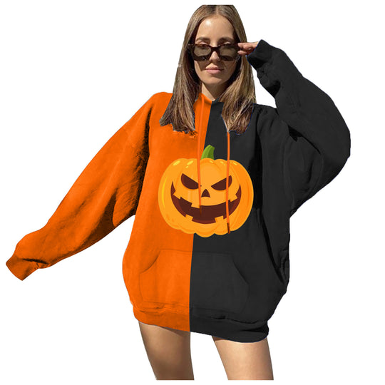 Damen nan Oversize Kapuzenpullover mit Halloween Kürbisdruck und Kängurutasche EB