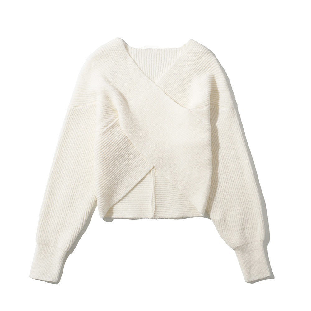 Damen modischer Oversized-Strickpullover mit Wickeldesign und strukturiertem Stoff EB