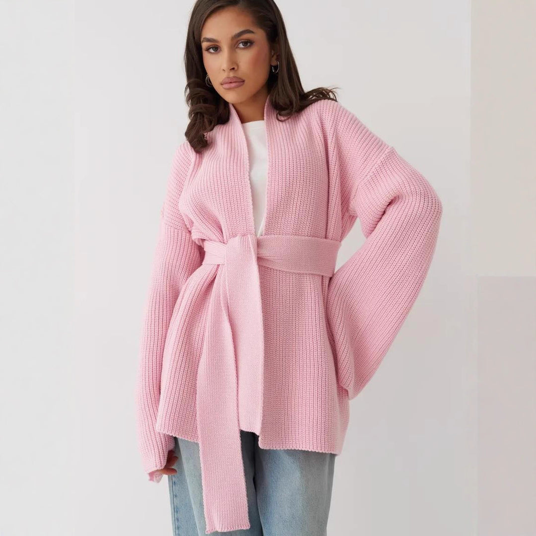 Damen Strickjacke mit Bindegürtel und weit geschnittenen Ärmeln EB