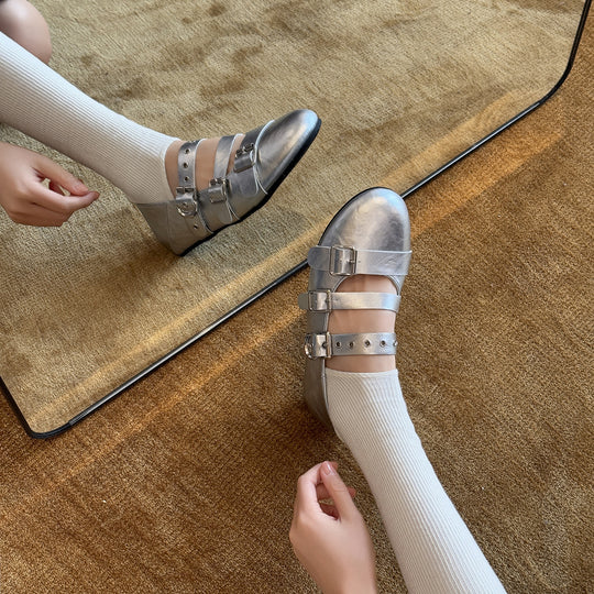 Damen Stilvolle Ballerinas mit doppeltem Riemen und modischen Schnallen EB