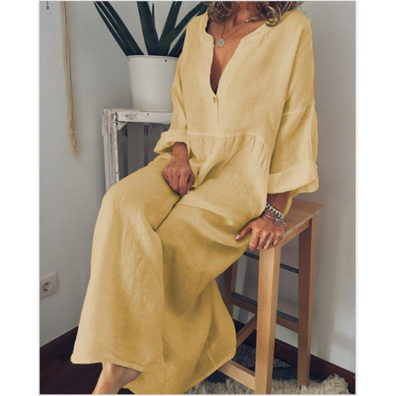 Damen Langes Leinen-Maxikleid mit V-Ausschnitt, geraffter Taille und 3/4-Ärmeln EB