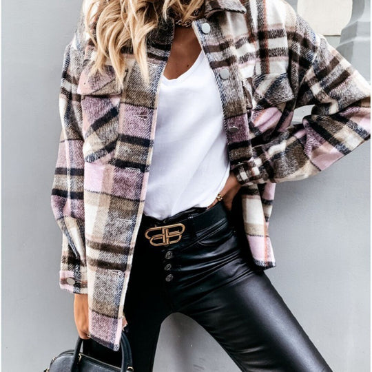 Damen Oversized Karo-Hemdjacke mit Druckknöpfen und aufgesetzten Brusttaschen EB
