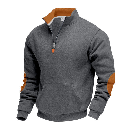 Herren nan isolierter Halbzip-Pullover mit Stehkragen Fleece-Innenfutter Kängurutasche und Wildleder-Ellenbogenpatches EB