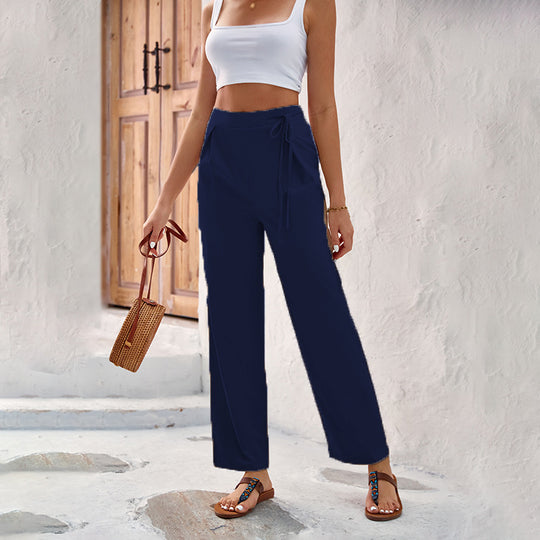 Damen Weitgeschnittene Sommerhose mit elastischem Bund und bindbarem Gürtel EB