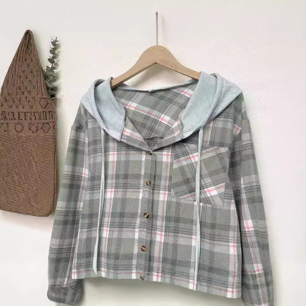 Damen nostalgische Karobluse mit Kapuze und Knopfverschluss EB