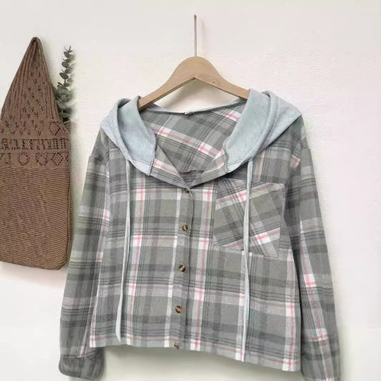 Damen nostalgische Karobluse mit Kapuze und Knopfverschluss EB