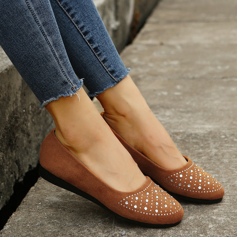 Damen  flache Ballerina-Slipper aus Veloursimitat mit Strassapplikation und gepolsterter Komfortinnensohle EB