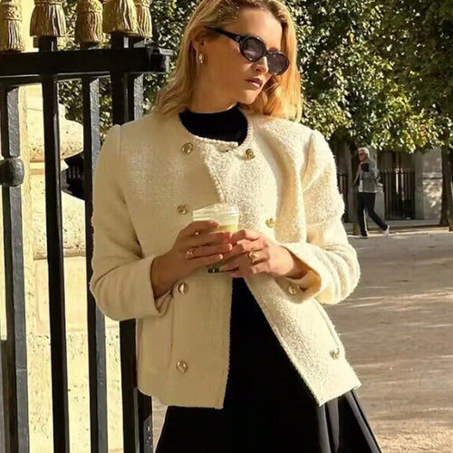 Damen elegante Bouclé-Jacke mit dekorativen Knöpfen und aufgesetzten Taschen EB