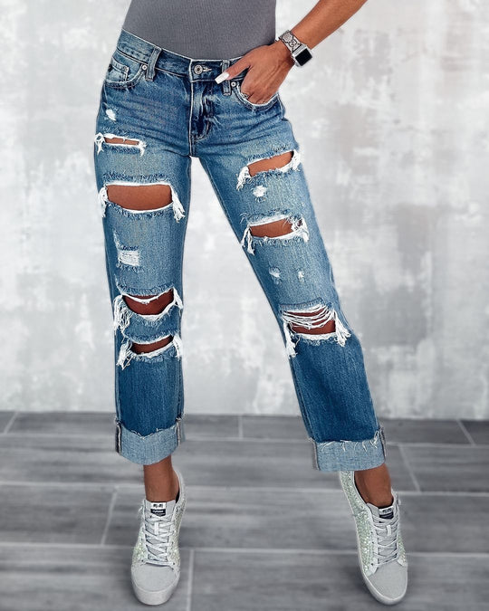 Damen Ripped Boyfriend Jeans im angesagten Vintage-Look mit weitem Bein EB