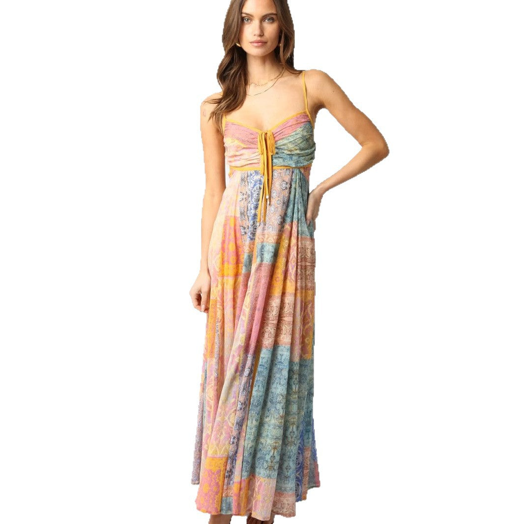 Damen Maxikleid mit floralem Patchwork-Design und verstellbaren Spaghettiträgern Heidi-Mode