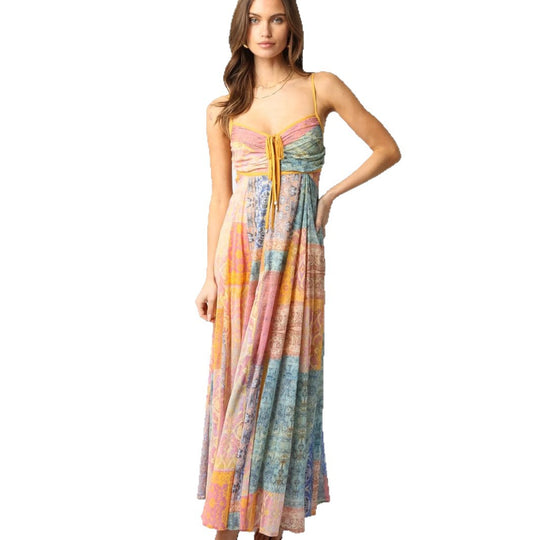 Damen Maxikleid mit floralem Patchwork-Design und verstellbaren Spaghettiträgern Heidi-Mode