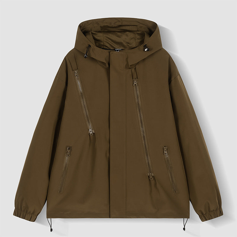 Herren wasserabweisende Kapuzenjacke mit diagonal verlaufenden Reißverschlüssen und verstellbarem Saum EB